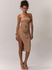 MUSERA 性感网纱镂空抹胸中长连衣裙，优雅春夏度假派对假日装扮 - 咖啡 - 查看 1