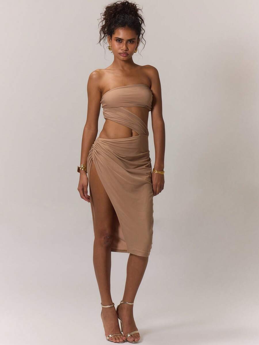 MUSERA 性感网纱镂空抹胸中长连衣裙，优雅春夏度假派对假日装扮 - 咖啡 - 查看 1