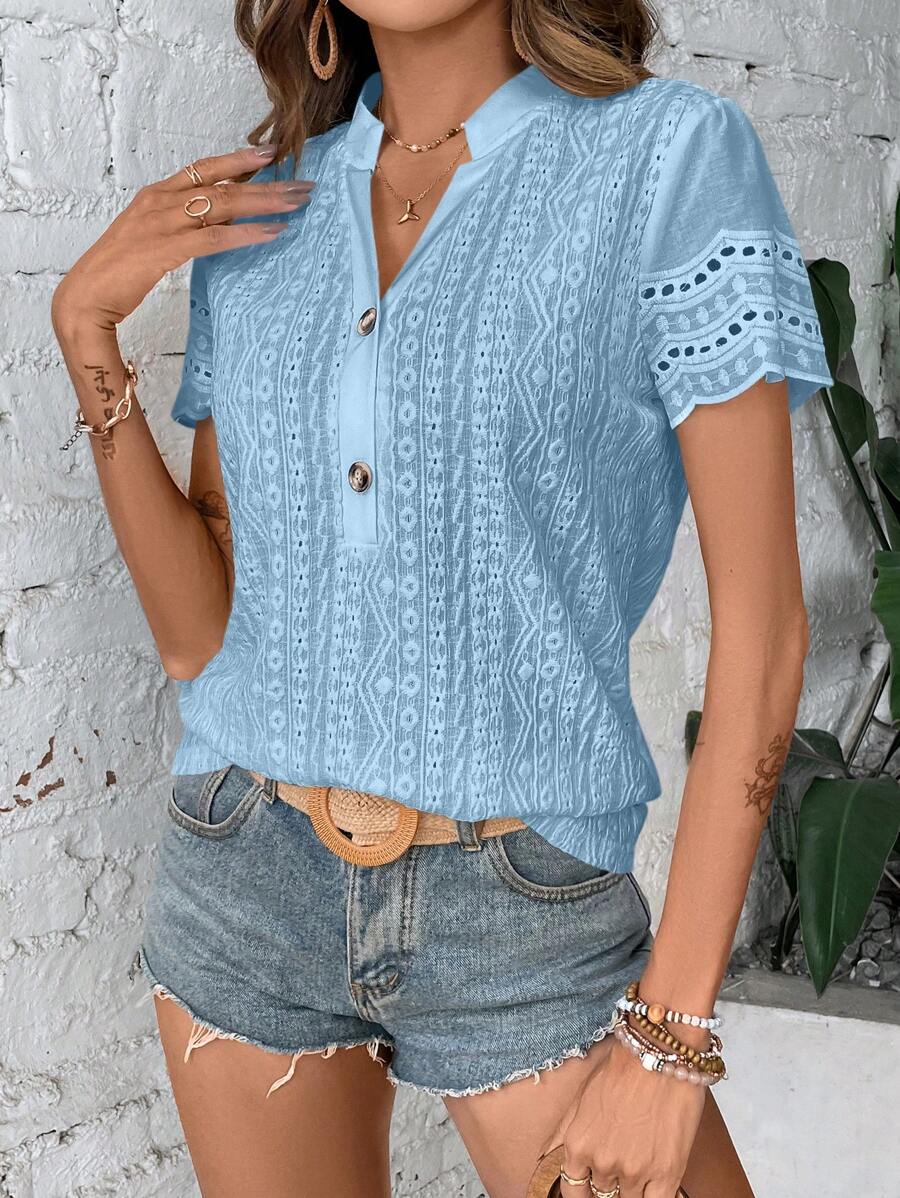 EMERY ROSE Áo thun nữ tay ngắn cổ chữ V màu trơn mùa hè có rãnh - Màu xanh lam - Xem 1