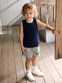 Cozy Pixies Young Boy Casual Sport Shorts With Letter Print And Color-Blocked Knitted Drawstring - Grey - View 3