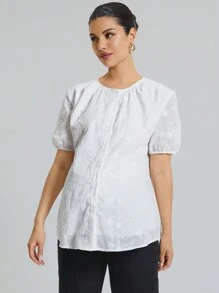 MaterniChic Camisa de maternidad elegante para trabajar y madura con cuello redondo y manga corta con botonadura frontal