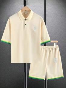 Teenage Boys' Colorful Woven Tape Patchwork Baseball Polo Short Sleeve Shirt And Shorts Knitted Set, Apricot