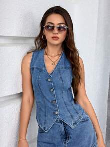 SHEIN Essnce Chaqueta de mezclilla sin mangas de mujer de un solo pecho