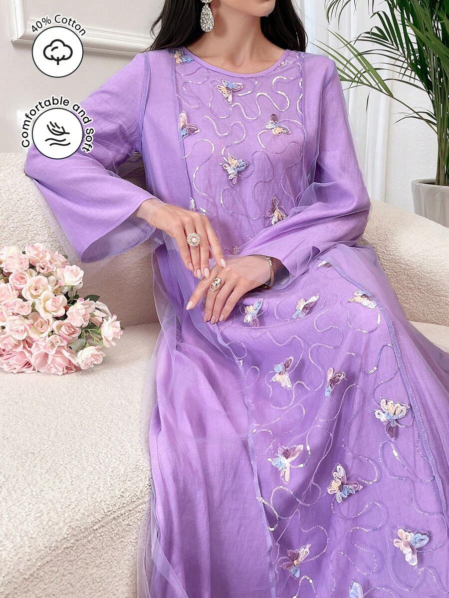 Al Najma 女士优雅圆领阿拉伯长袖网眼拼布连衣裙，朴素全长长袍，浪漫优雅长袖连衣裙 - 紫色 - 查看 1