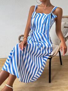 Calvaya Vestido cami a rayas simple y casual con estampado de rayas para mujer