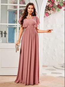 Vestidos De Dama De Honor Con Cuello Corazón Y Mangas Con Volantes De Tela De Gasa - Rosa - Ver 7