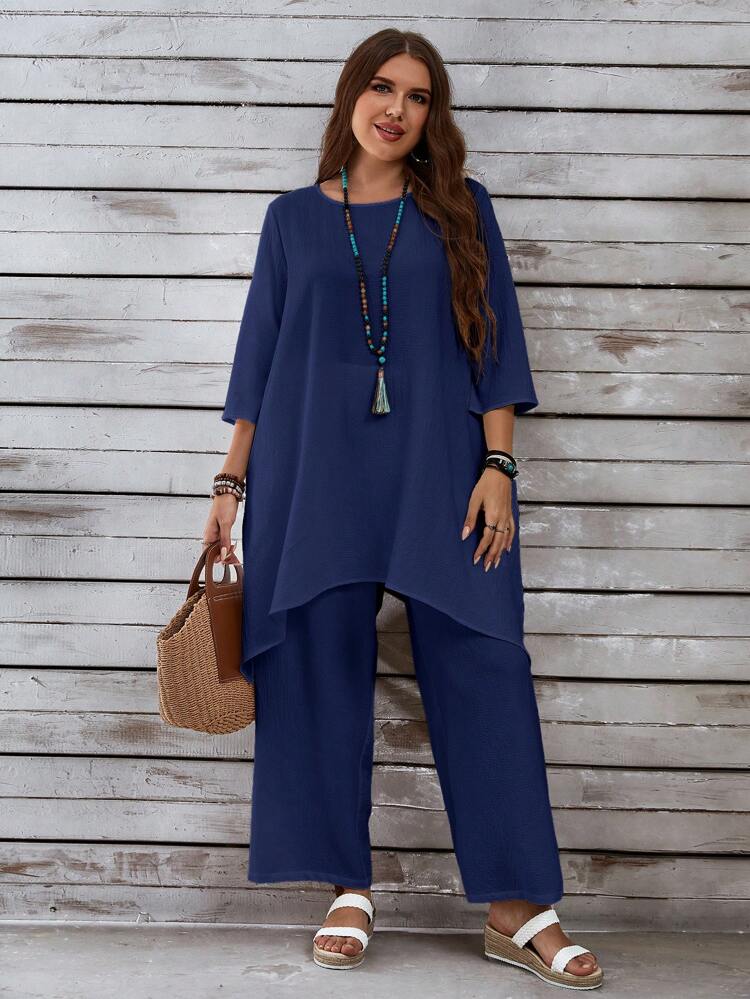 Plus Size Women's Summer Loose Fit Top With PocketsAnd Pants, Casual White Linen Set With Asymmetrical Hem And Three Quarter Sleeves