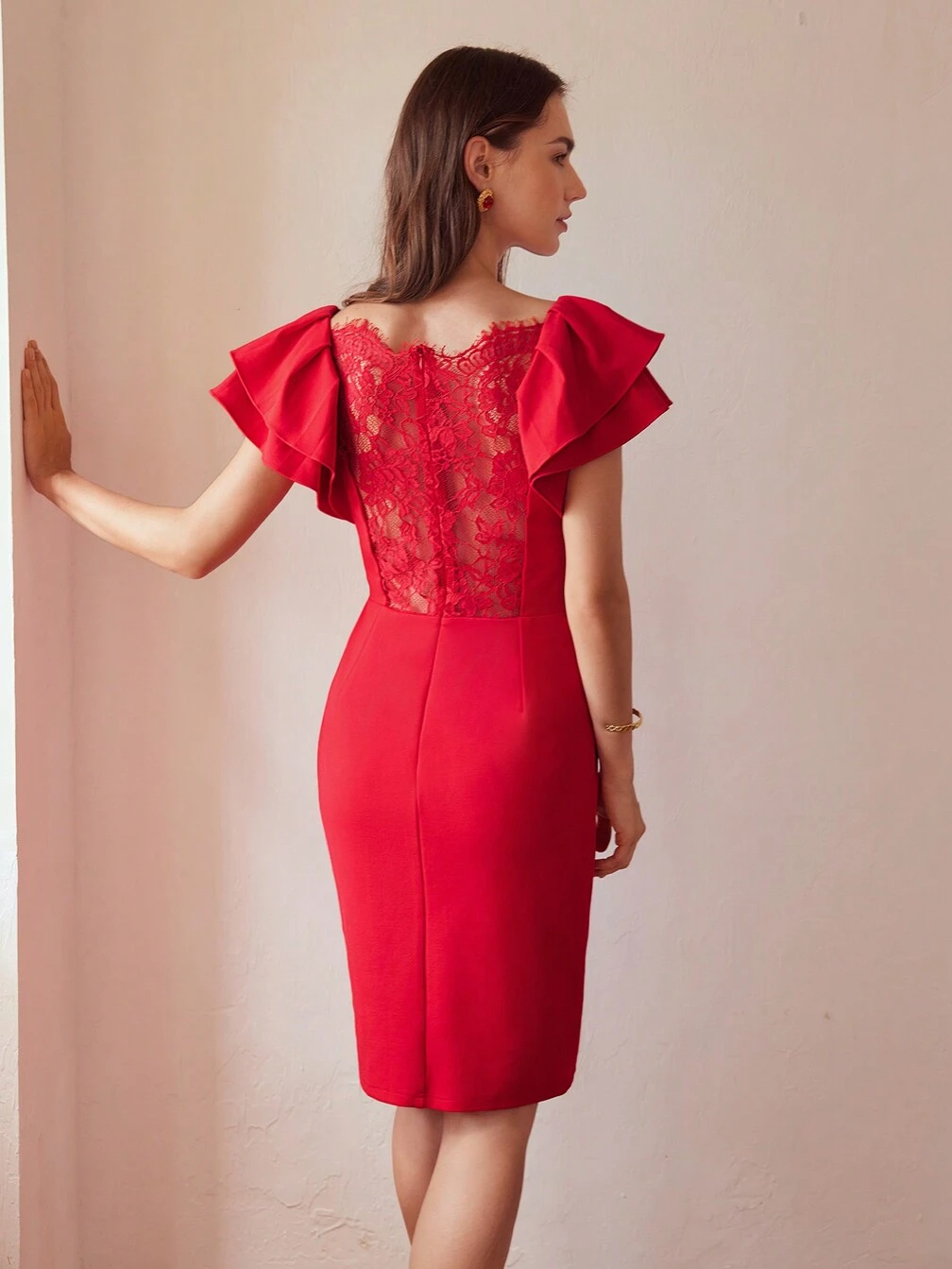 flutter sleeve bodycon dress MOTF SOLID LACE BACK DRESS｜Motf dinner date undress clothing Color:Ivory/French Lilac Mini dress Burgundy Bridesmaids