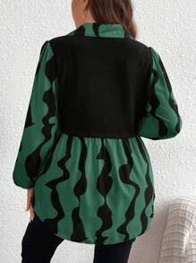 SHEIN LUNE Plus Size Women's Leopard Print Long Sleeve Shirt Collared Top, Fall - Dark Green - View 2