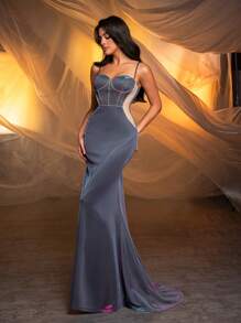 Glamrae Elegant Gradient Knitted Slim Strap Bra Cup With Rhinestone Decoration Side Cutouts Sexy See-Through Sheer Fabric High-Waist Cinched Mermaid Dress With Long Train, Perfect For Graduation Season, Wedding Season, Vacation, Singles Party And Evening Events