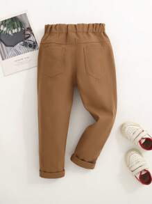 SHEIN Young Boy Simple Elastic Waist Slant Pocket Tapered Trousers - Coffee Brown - View 2
