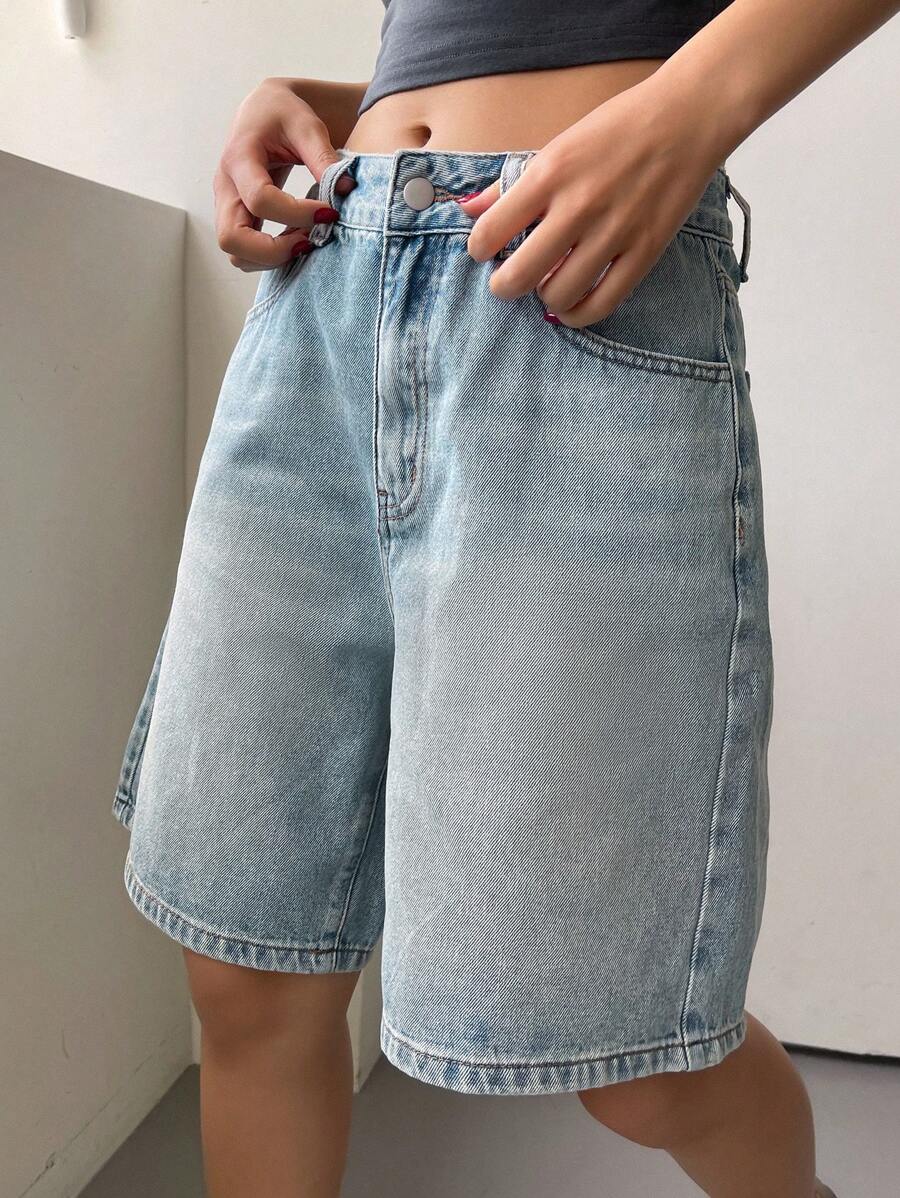 DAZY Quần short denim Bermuda thường ngày có túi dành cho nữ Quần short denim - Rửa trung bình - Xem 1