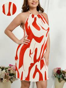 SHEIN Privé Valentine's Day Plus-Size Short Ruffled Neck Floral Print Random Dress - Orange - View 5