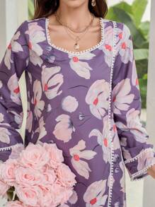 Al Najma 女式优雅花卉印花喇叭袖长款朴素连衣裙，春夏 - 紫色 - 查看 8