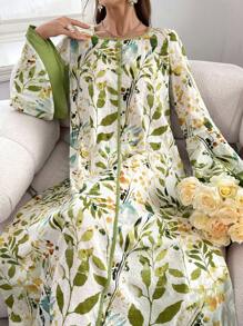 Al Najma 女式优雅长款阿拉伯印花朴素连衣裙，喇叭袖，植物图案 - 彩色 - 查看 4