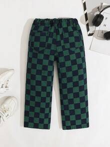 SHEIN Young Boy Green Fashionable Casual Checkerboard Design Denim Long Baggy Boy Jeans For Vacation And Dailywear Cute Summer Clothes For School - Multicolor - View 2