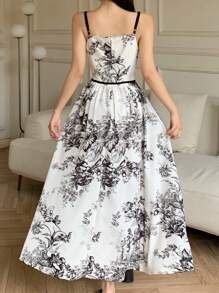 Modelyn Women's Summer Elegant Chinese Ink Drawing Printed Spaghetti Strap Dress - Black and White - View 7