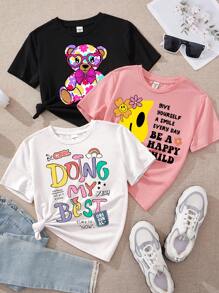 SHEIN Leap Crew ModeFlare Wear 夏季短袖圆领上衣，适合少女，多种卡通、字母和熊图案，有趣的白色、粉色和黑色 T 恤，适合夏季 - 彩色 - 查看 1