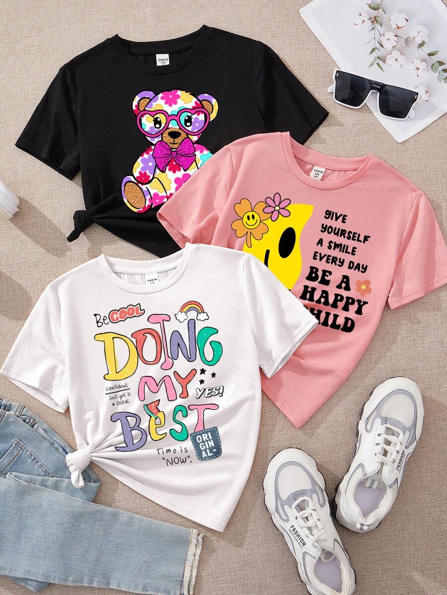 SHEIN Leap Crew ModeFlare Wear 夏季短袖圆领上衣,适合少女,多种卡通、字母和熊图案,有趣的白色、粉色和黑色 T 恤,适合夏季 - 彩色 - 查看 1