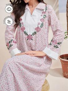 Al Najma 印花休闲日常长袖阿拉伯朴素连衣裙 - 粉色 - 查看 1