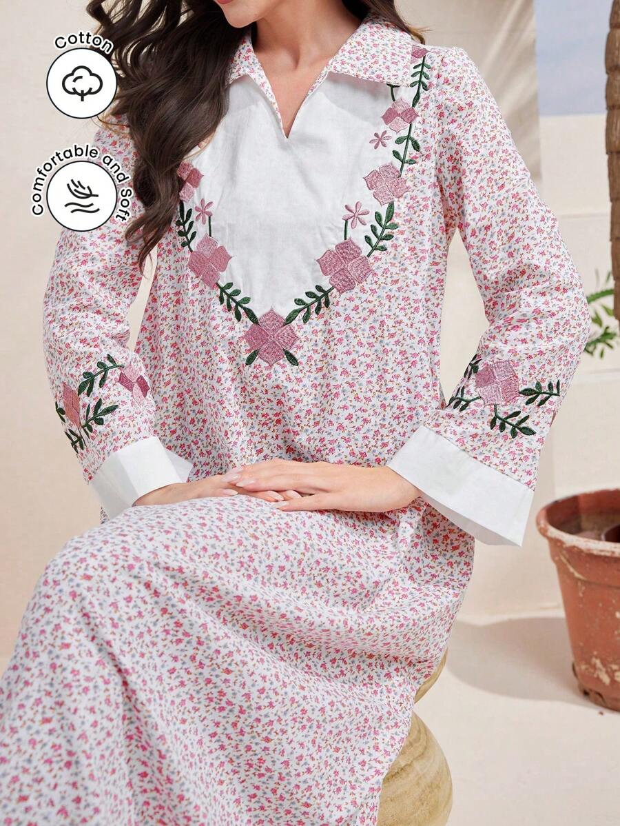 Al Najma 印花休闲日常长袖阿拉伯朴素连衣裙 - 粉色 - 查看 1