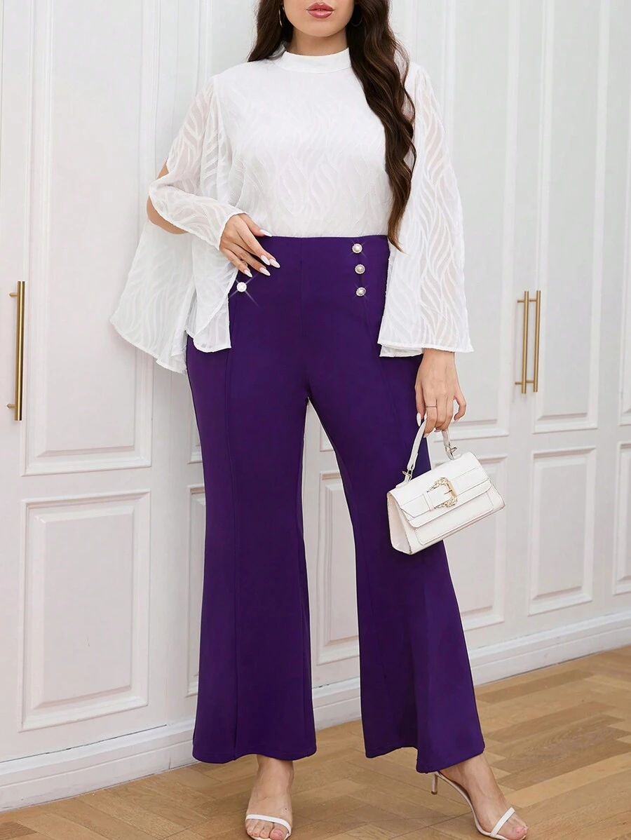Modelyn Plus Size Women's Elegant Stand Collar High Slit Long Sleeve Top And Bell-Bottomed Pants Summer Two-Piece Set