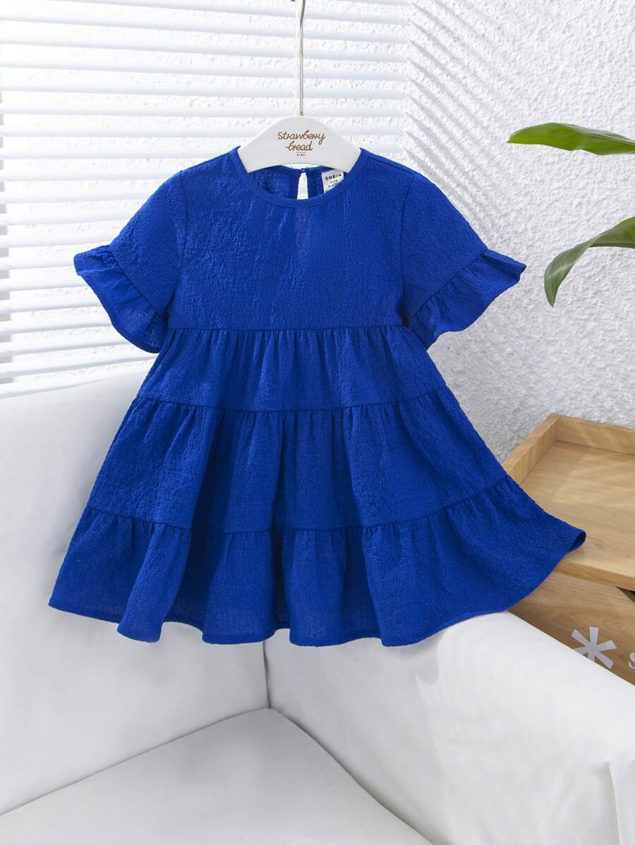 SHEIN Váy ngắn tay họa tiết màu trơn dễ thương mùa hè cho bé gái có viền xếp nếp - Xanh đậm - Xem 1