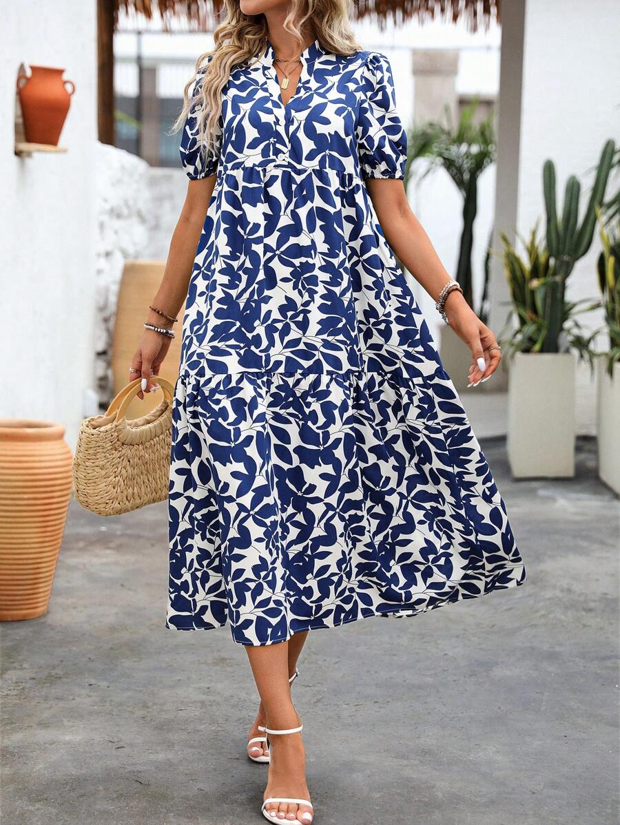 SHEIN LUNE 女士长款度假风格连衣裙，带缺口领口和印花图案，超长女士服装 - 藍色 - 查看 1