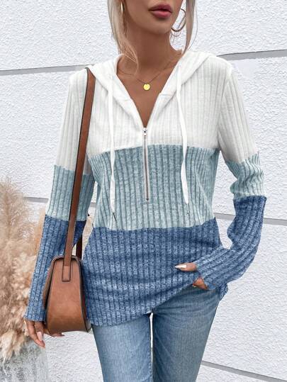 EMERY ROSE Women's Spring And Summer Color Block Zipper Half Placket Long Sleeve Hooded Casual T-Shirt Graphic Tees Women Tops For Spring Outfit Fall Cloth For Women