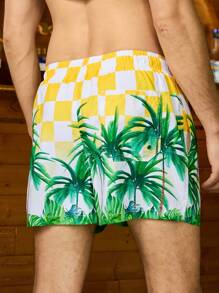 Surfspeed Herren Beach Shorts mit Palmen- und Leoparden Muster und Binde-Taille für lockere Passform im Urlaub - Gelb - Übersicht 2