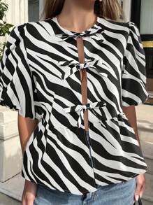SHEIN Essnce Black And White Zebra Animal Print Bow Tie Women's Blouse 2024, Loose Solid Color Puff Sleeve Pleated Shirt Tops, New Arrivals In Spring Summer Shirt Tie Front