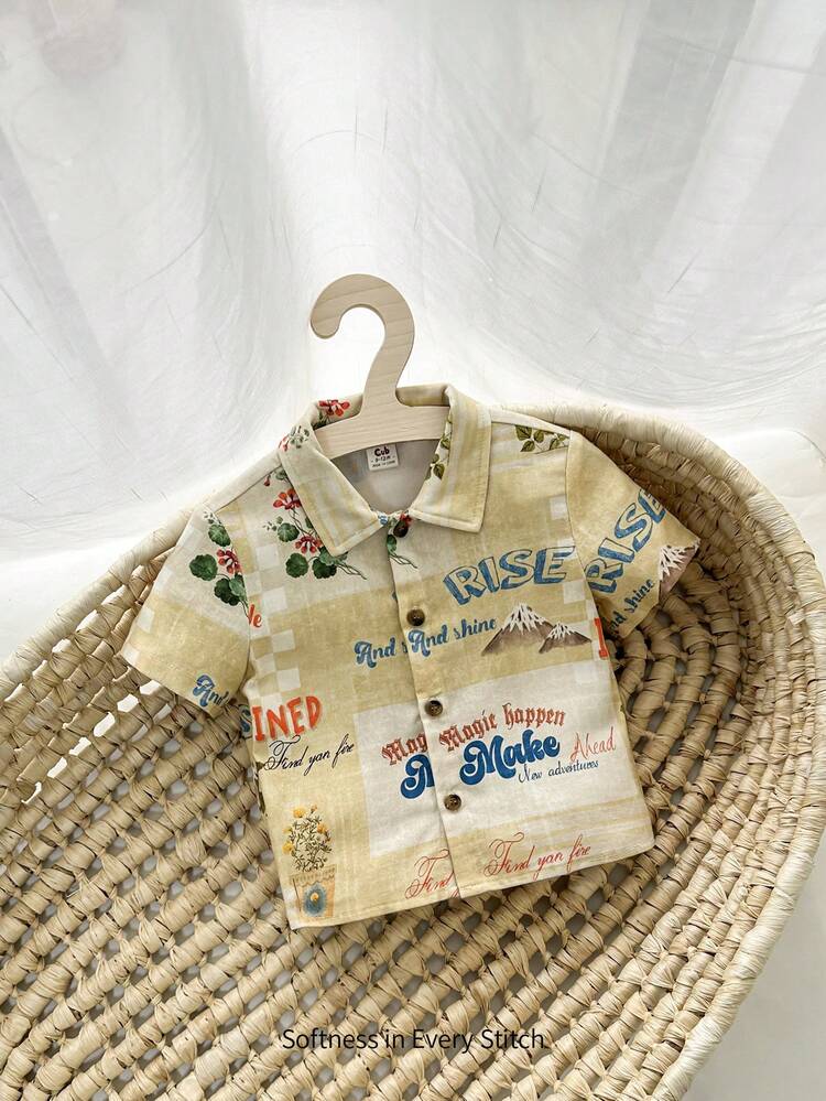 Baby Boy Letter Printed Lapel Short Sleeve Cardigan With Drop Shoulders