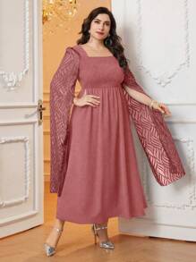 Modelyn Plus Size Solid Color Shirred Side Split Sleeve Dress, Ideal For Banquets, Wedding/Occasion/Ceremony/Evening Elegant Long Party Dress - Rusty Rose - View 5