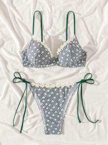 Swim Mod Ladies' Summer Beach Plaid Daisy Print Tie Triangle Bikini Set, Sexy Bikini Set, Printed Pattern Random - Black and White - View 3