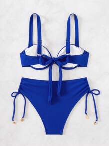 Women's Summer Beach Solid Color Ruffle Sexy Bikini Set, Two-Piece Bikini Set With Underwire, Not Push Up - Blue - View 8