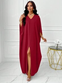 BIUBIU Plus Size V Neck Batwing Sleeve Split Thigh Dress