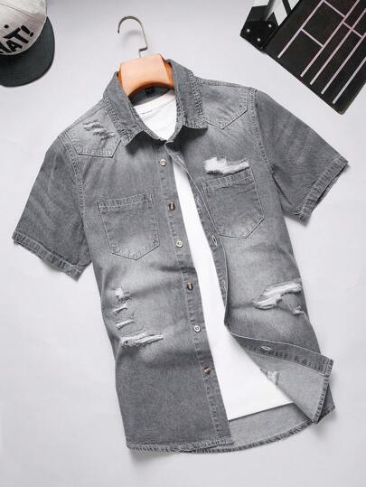 Guys Ripped Frayed Ripped Dual Pocket Denim Shirt Without Tee