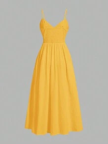 SHEIN EZwear Summer Casual V-Neck Spaghetti Strap Swing Dress For Vacation - Yellow - View 5