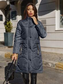 EURMUSE Women's Solid Color Regular-Shoulder Long Sleeve Mid-Length Zipper Hooded Padded Coat, Winter - Black - View 3