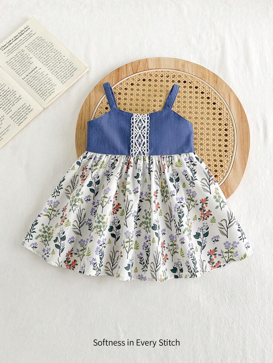 Cozy Pixies Baby Girl Summer Ditsy Floral Color Block Spaghetti Strap Dress With Ruffled Waistline