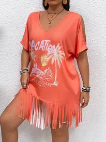 SHEIN VCAY Plus Size Off-Shoulder Tassel Tropical Print Casual Dress
﻿