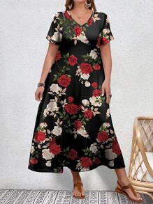 EMERY ROSE Plus Size Rose Flower Printed Slim Fit Women Dress For Summer - Black - View 1