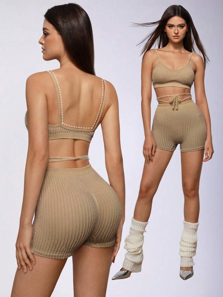 Women's Solid Color Ribbed Tank Top With Front Tie Strap And Shorts, Summer Sports Outfit Workout Sets