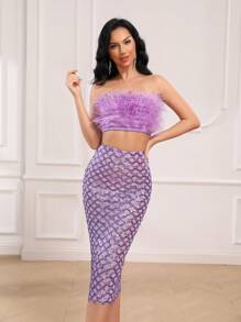 Bộ 2 món gồm áo croptop bồng bềnh và chân váy đính sequin lấp lánh dành cho nữ, tạo nên vẻ ngoài quyến rũ. - Màu tím hoa cà - Xem 4