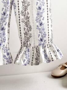 Cozy Pixies Baby Girl Botanical Floral Pattern Round Neck Pullover Top And Frilled Flare Pants Set - Coffee Brown - View 6