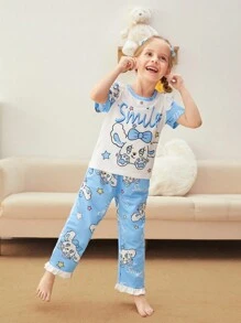 Ensemble décontracté 3 pièces pour jeune fille imprimé lapin bleu et blanc avec pantalon long, short et haut de détente