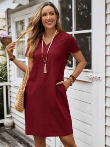 EMERY ROSE 夏季V領舒適寬鬆短袖連衣裙 - 酒紅色 - 查看 1