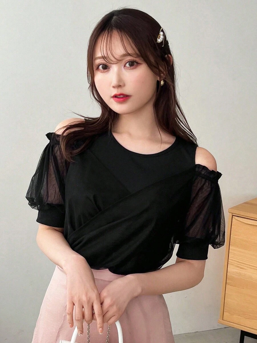 FRIFUL Women's Solid Color Open Shoulder Mesh Splice Wrap T-Shirt, Summer - Black - View 1