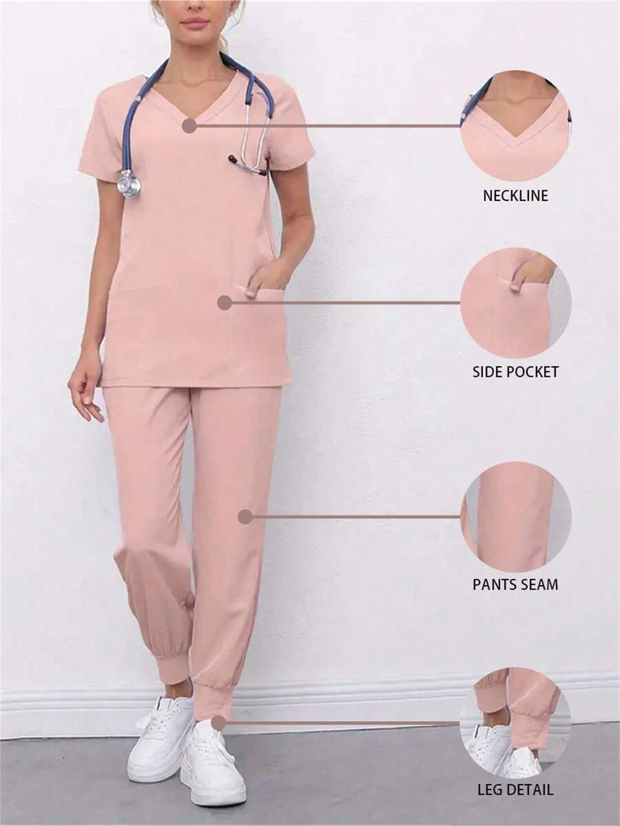 Bộ đồng phục y tá gồm áo thun ngắn tay cổ chữ V màu trơn và quần thể thao cạp chun có dây rút. - Hồng - Xem 1