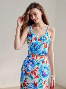 MOTF PREMIUM FLORAL PRINT SHIRRED BACK BUSTIER CAMI TOP